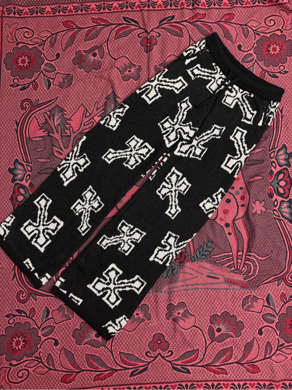 Black Knit Pants with White Cross Pattern